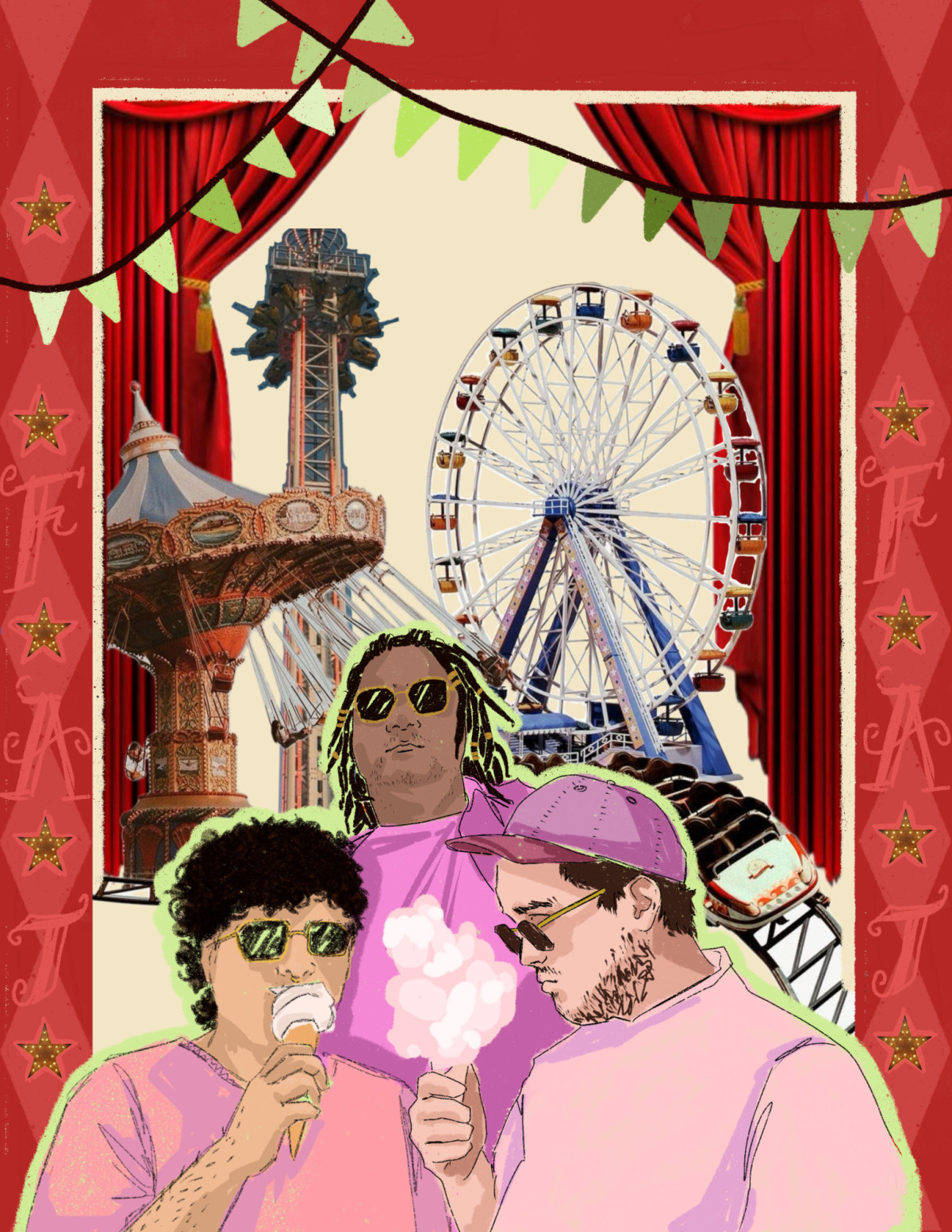 Eine Comic-Darstellung vom Strassentauben Kollektiv mit Elementen aus einem Freizeitpark.