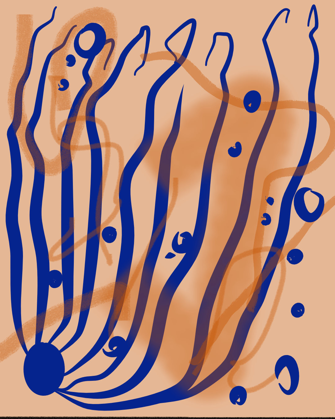 Abstrakte Illustration auf apricotfarbenem Grund mit kr&auml;ftigen, dunkelblauen geschwungenen Linien, Punkten und Kreisen, die sich mit transparenten orangefarbenen Pinselspuren &uuml;berlagern.